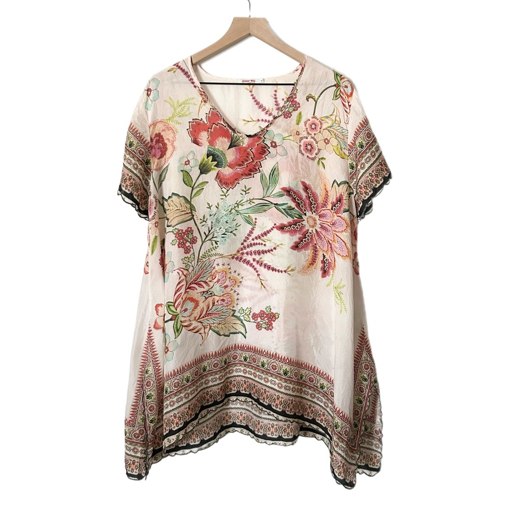 Johnny Was Tunic Top 100% Silk Cream Floral V-Neck Scalloped Hem Size Large